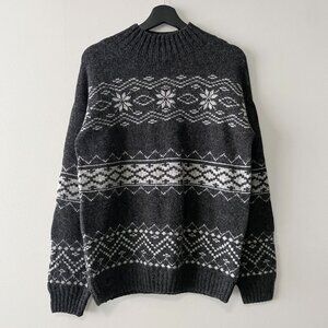 NWT Celtic & Co. Fair Isle Stripe Funnel Neck Sweater Charcoal